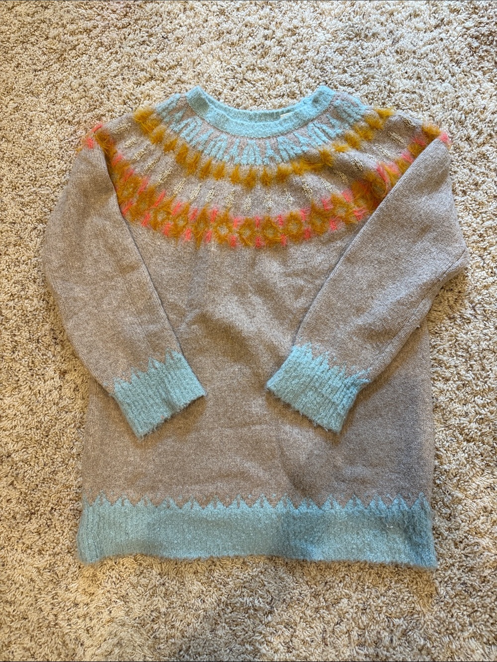 Anthropologie Sleeping On Snow Cozy Taupe Fair Isle Sweater with Aqua Trim
